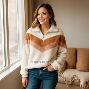 Oversized Faux Fur Sherpa Teddy Jacket Chevron Half Zip White Brown Size M